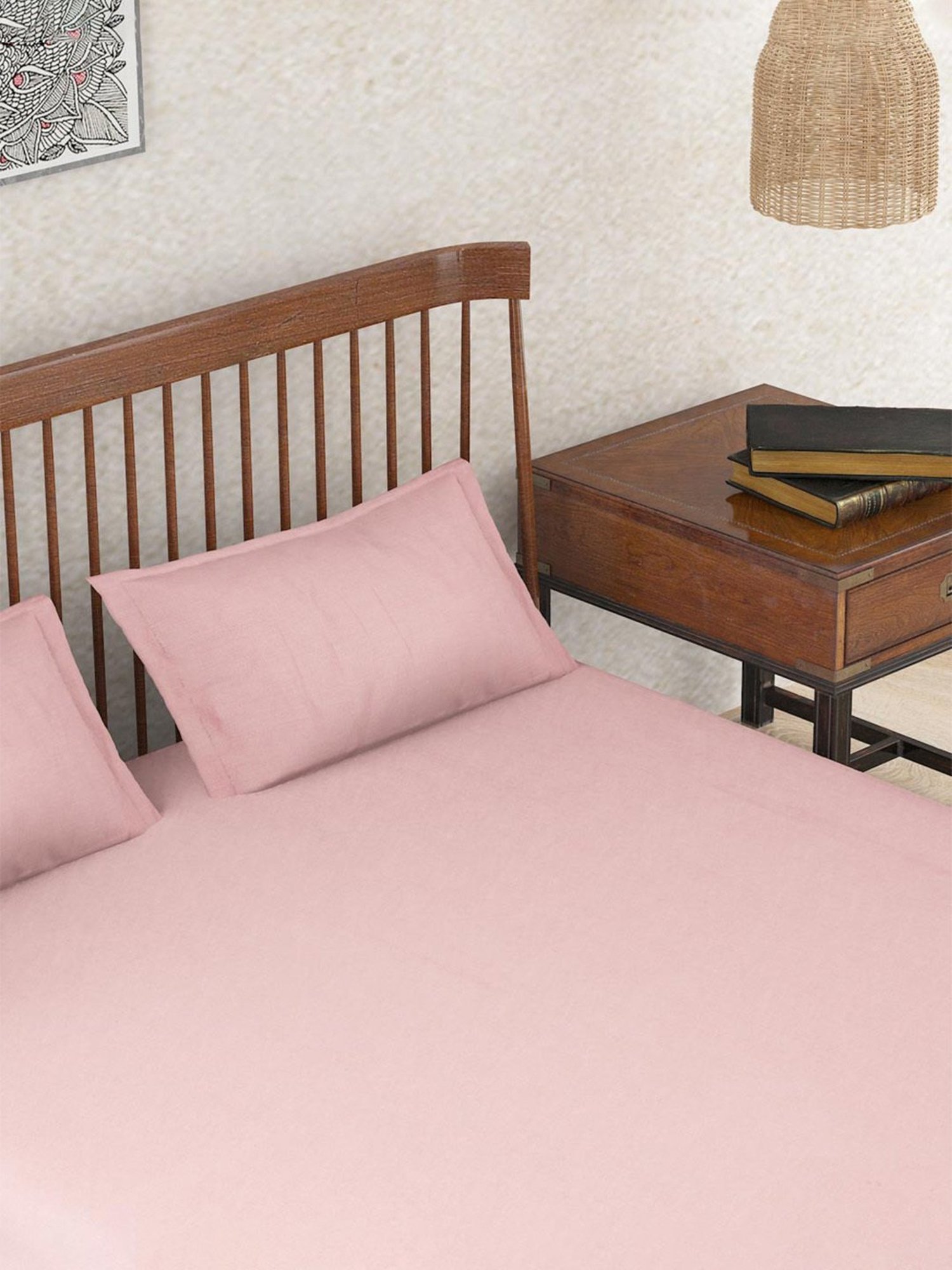Fabindia Pink Linen 90 TC Double Bed Sheet With Pillow Covers