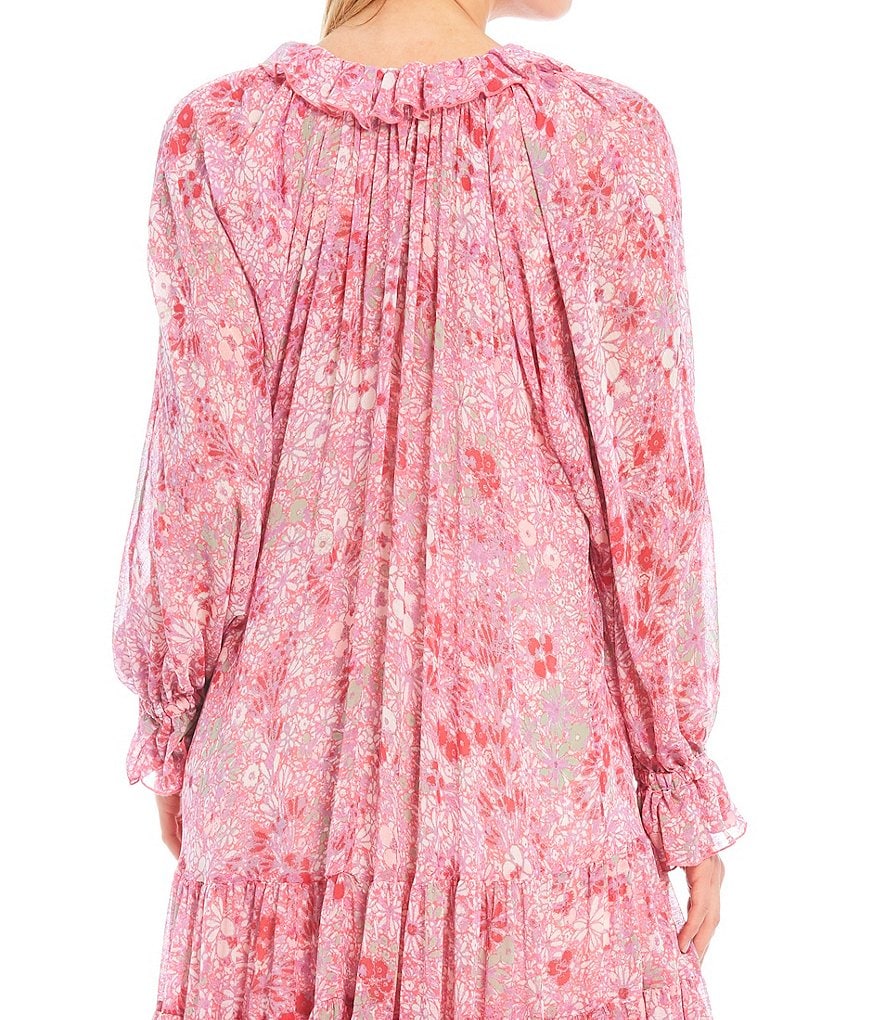 Free People Feeling Groovy Long Sleeve Tiered Ruffle Hem Summer Pink Floral Print Midi Swing Dress