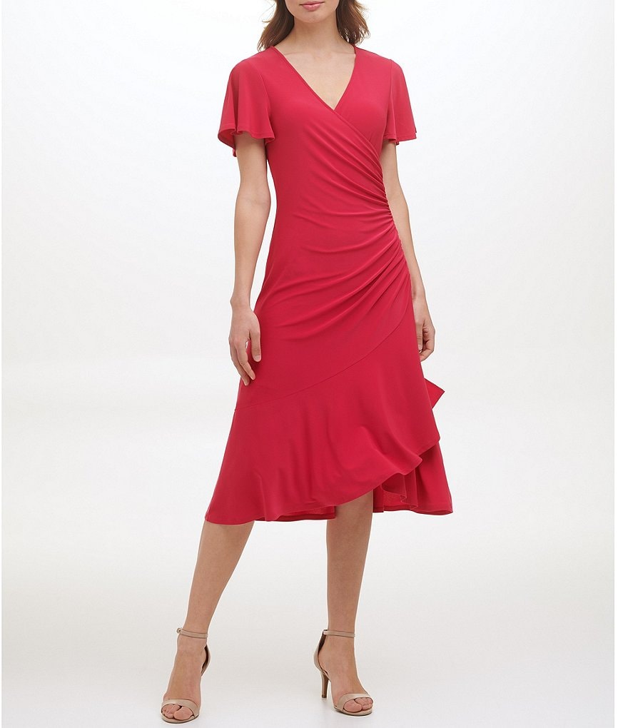 Kensie Ruched Waist Faux-Wrap V-Neck Short Flutter Sleeve Midi Dress