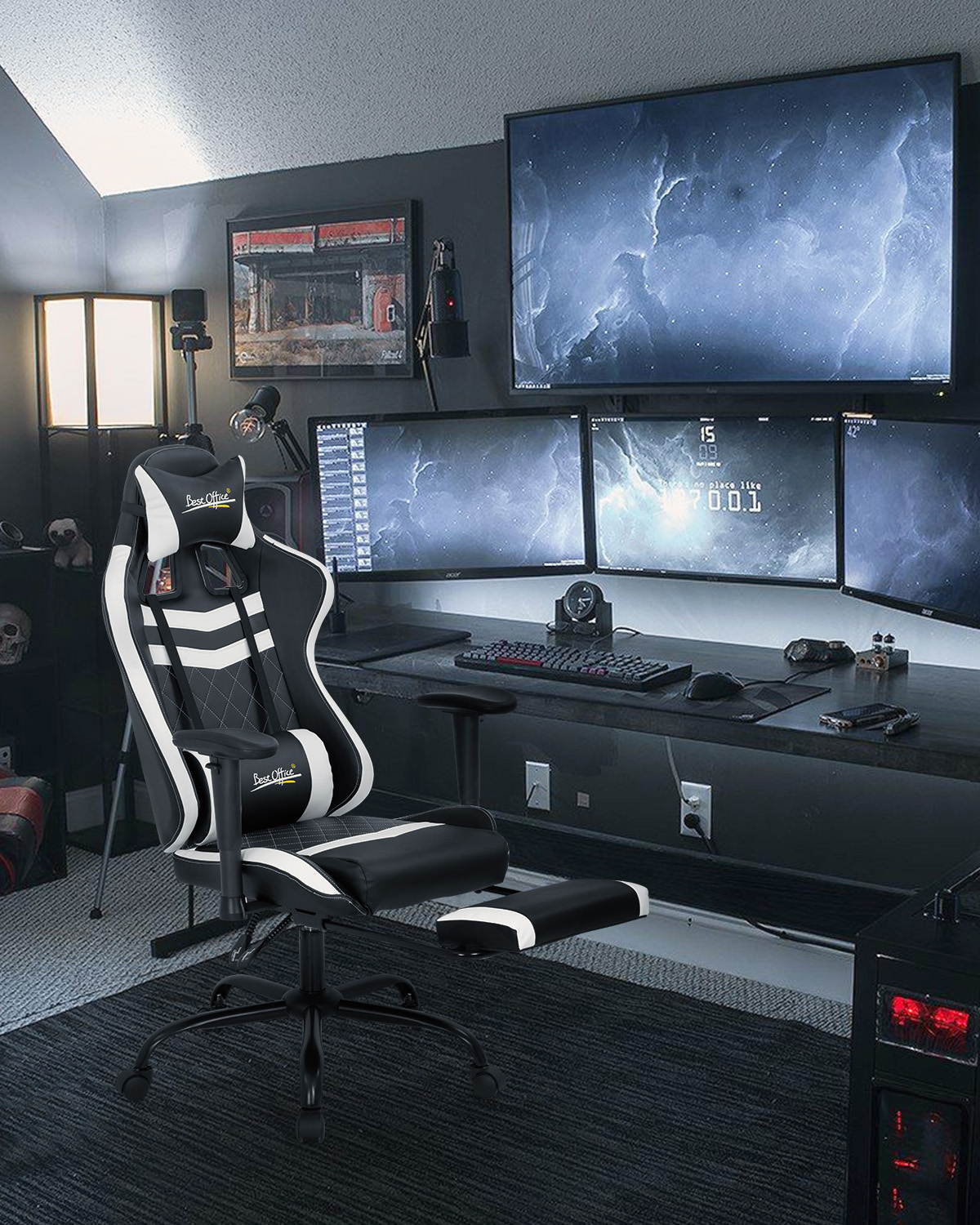 PC Gaming Chair Ergonomic Office Chair Racing Computer Chair with Lumbar Support Headrest Armrest Footrest Task Rolling Swivel Ergonomic E-Sports Adjustable Desk Chair for Men Gamer(White)