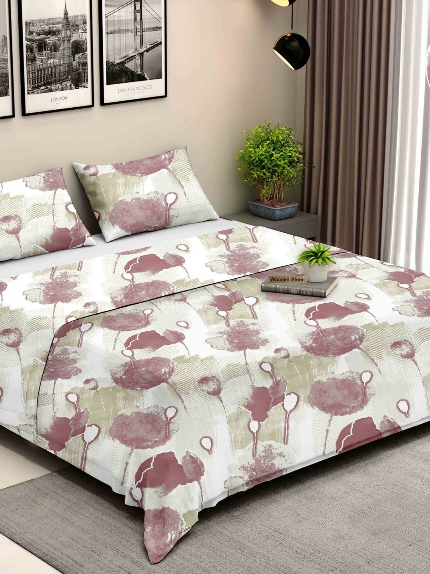 Ariana Rome Floral Wine 210 TC Cotton Super king Bedsheet with 2 Pillow Covers