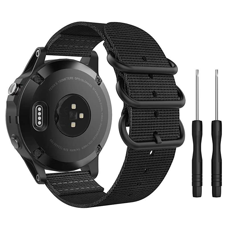 Band Compatible with Garmin Fenix 6/Fenix 6 Pro/Fenix 5/5 Plus/Forerunner 935/945/Quatix 6/Approach S62/S60, Fine Woven Nylon Adjustable Replacement Strap with Metal Buckle - Black