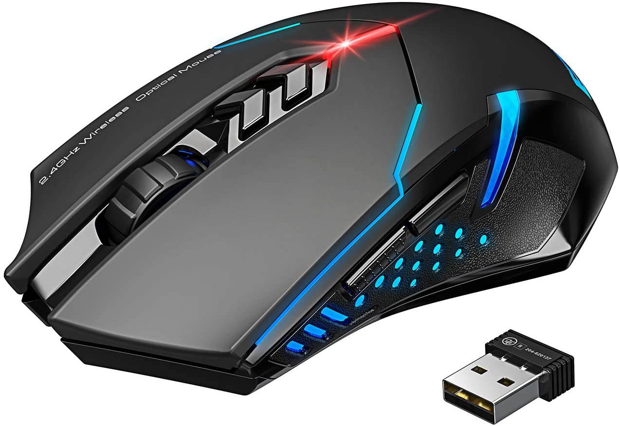 Wireless Gaming Mouse with Unique Silent Click, Breathing Backlit, 2 Programmable Side Buttons, 2400 DPI, Ergonomic Grips, 7-Button Design - Black