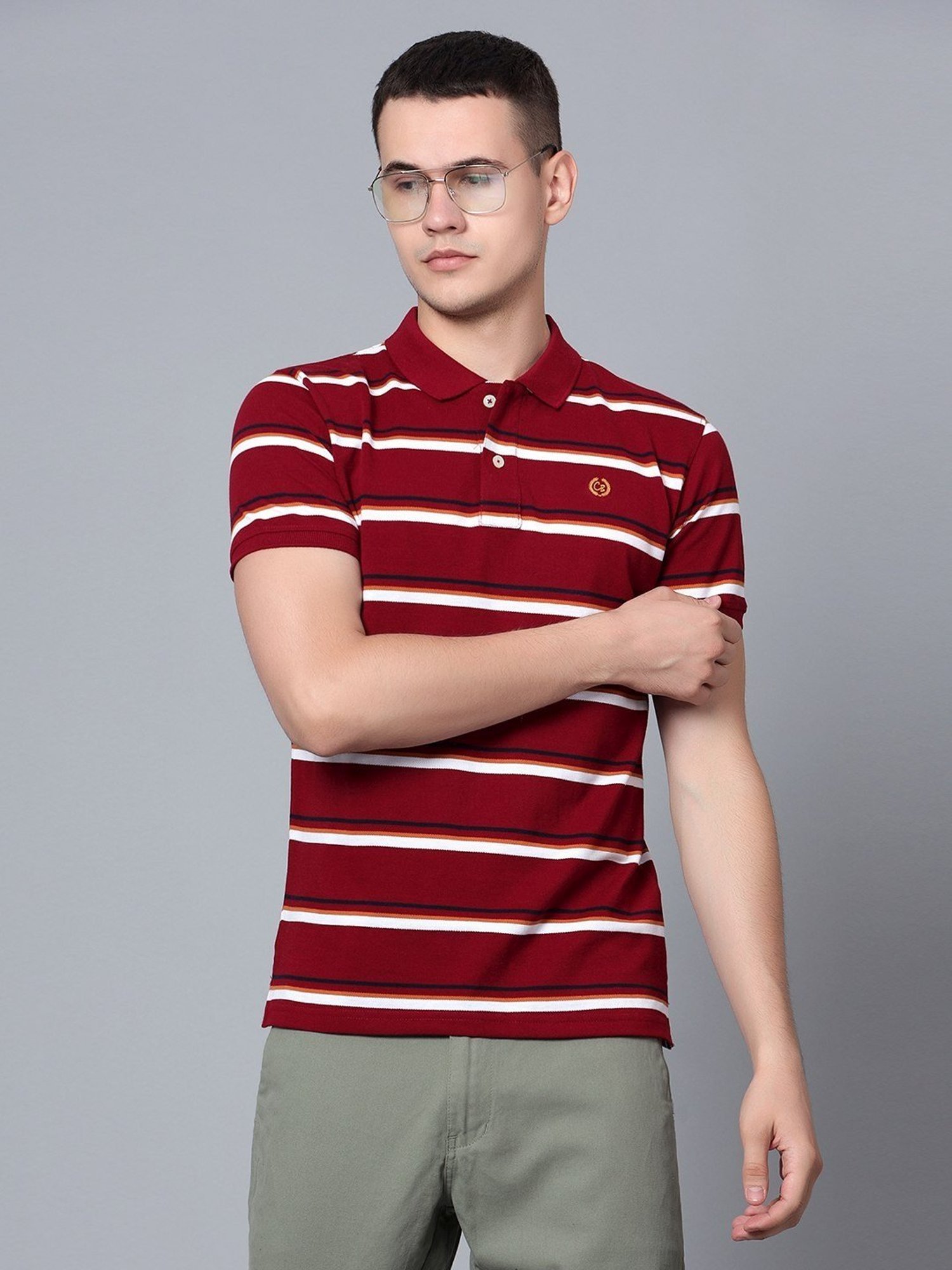 Cantabil Maroon Cotton Regular Fit Striped Polo T-Shirt