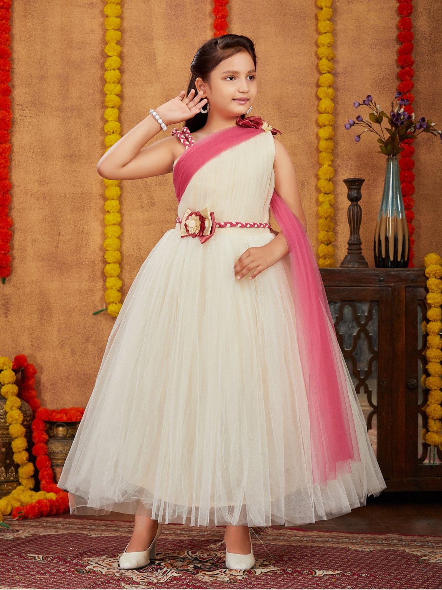 Aarika Kids Cream & Pink Solid Gown