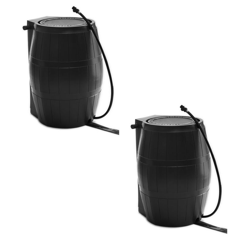 FCMP Outdoor RC4000-BLK 45-Gallon BPA Free Home Rain Water Storage Catcher Barrel, Black (2 Pack)
