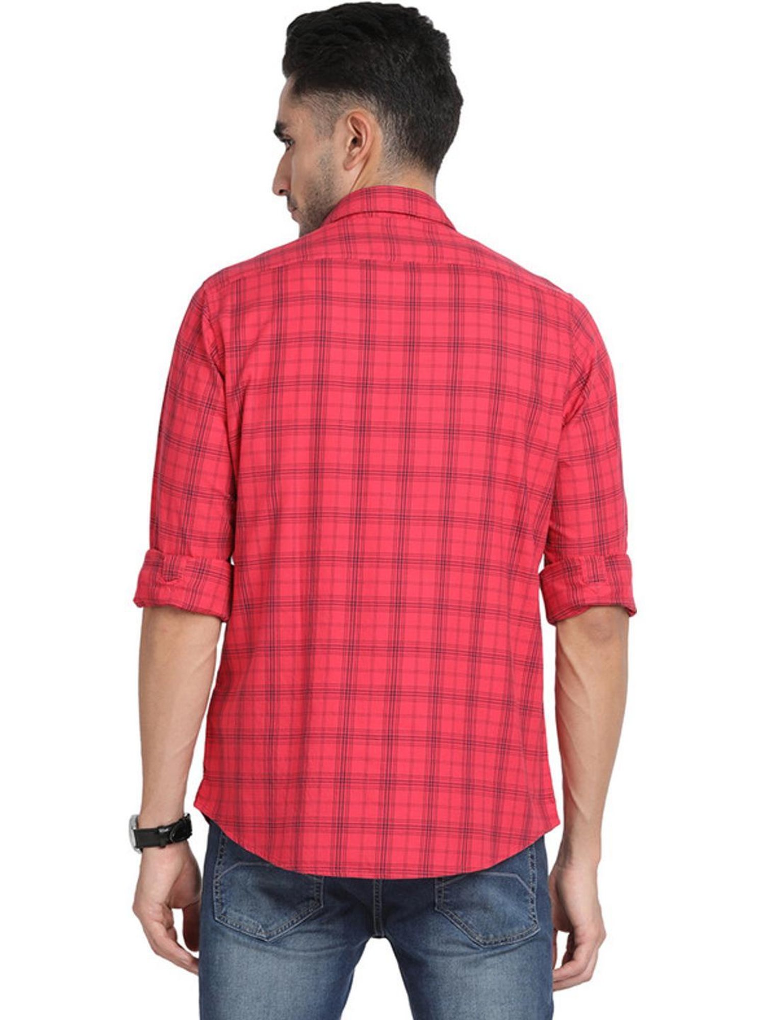 Turtle Red Cotton Slim Fit Checks Shirts