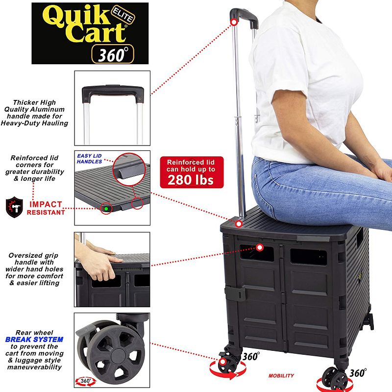 dbest products Quick Cart Elite 360 4 Wheeled Collapsible Foldable Rolling Utility Dolly Basket Tote for Tools, Files, and Art Supplies, Black
