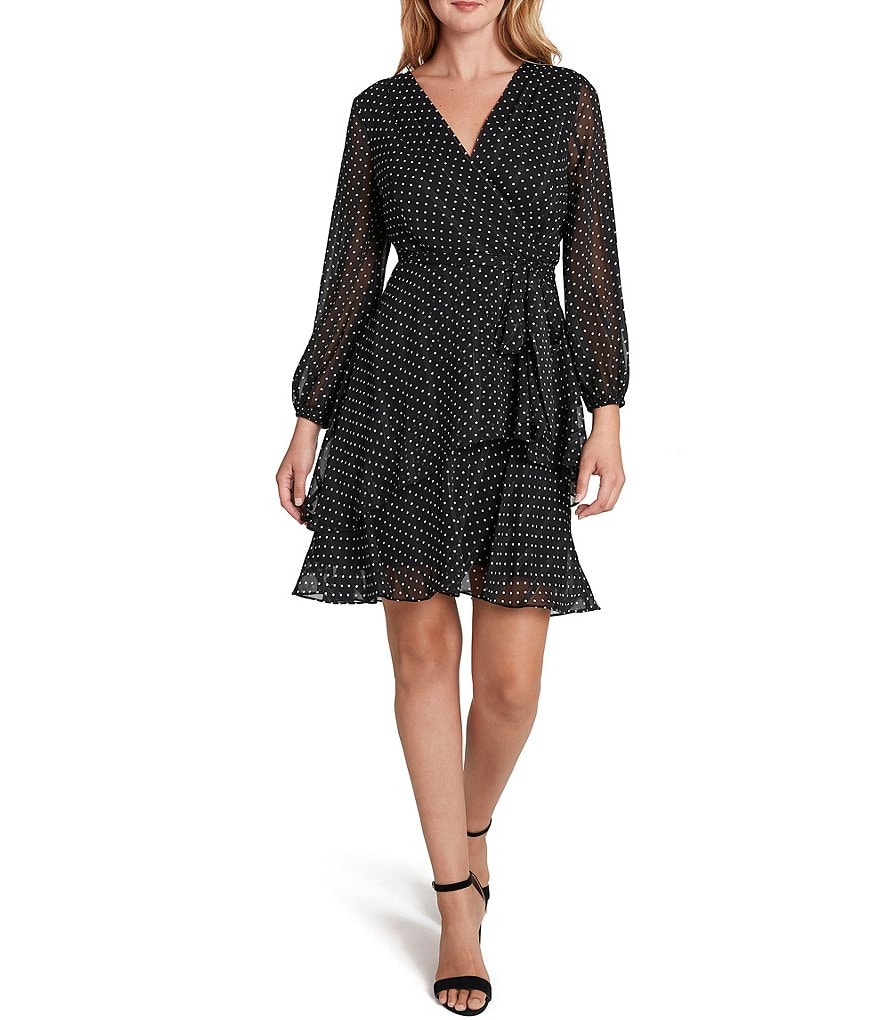 Tahari ASL Dotted Satin Tie Waist Tiered Ruffle Skirt Faux Wrap Dress