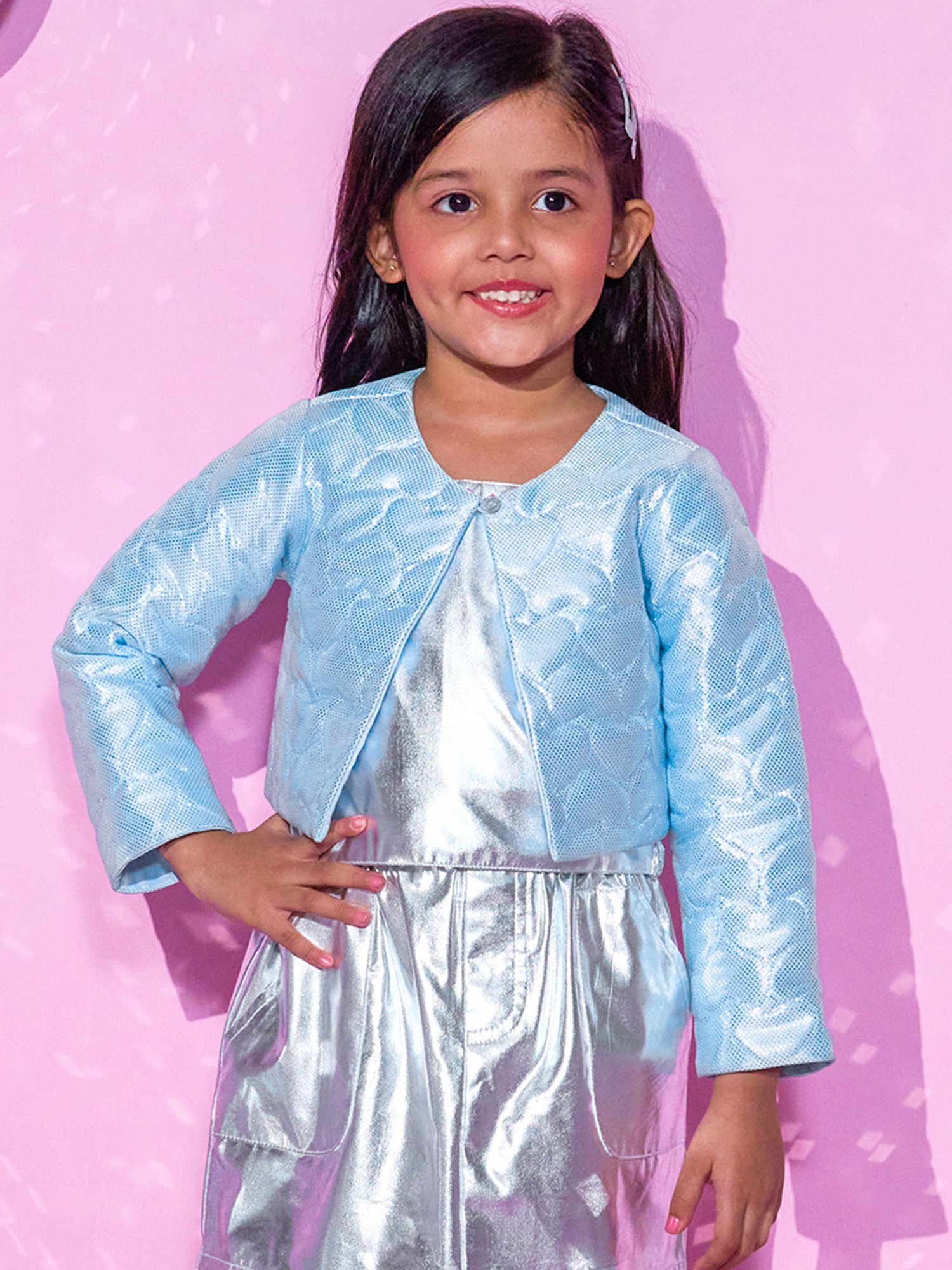 Lil Drama Kids Blue Printed Full Sleeves Shrug