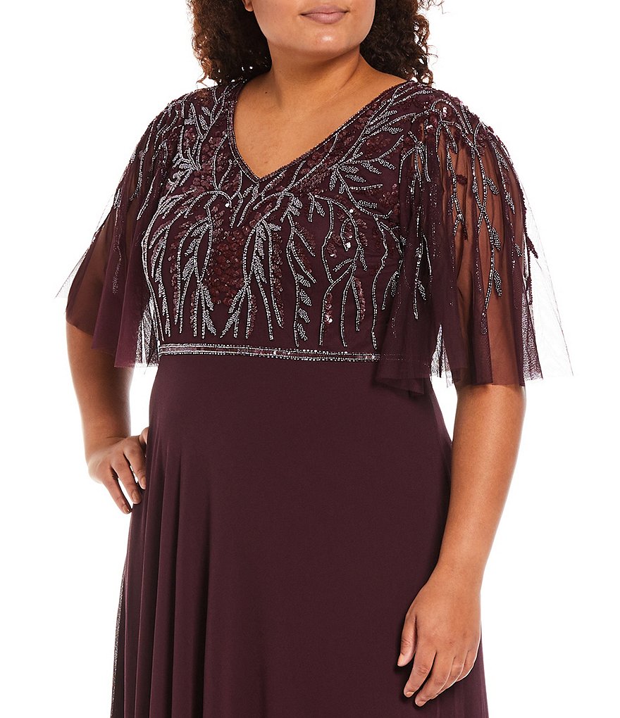 Jkara Plus Size Beaded Bodice Short Flutter Sleeve V-Neck Lined Gown
