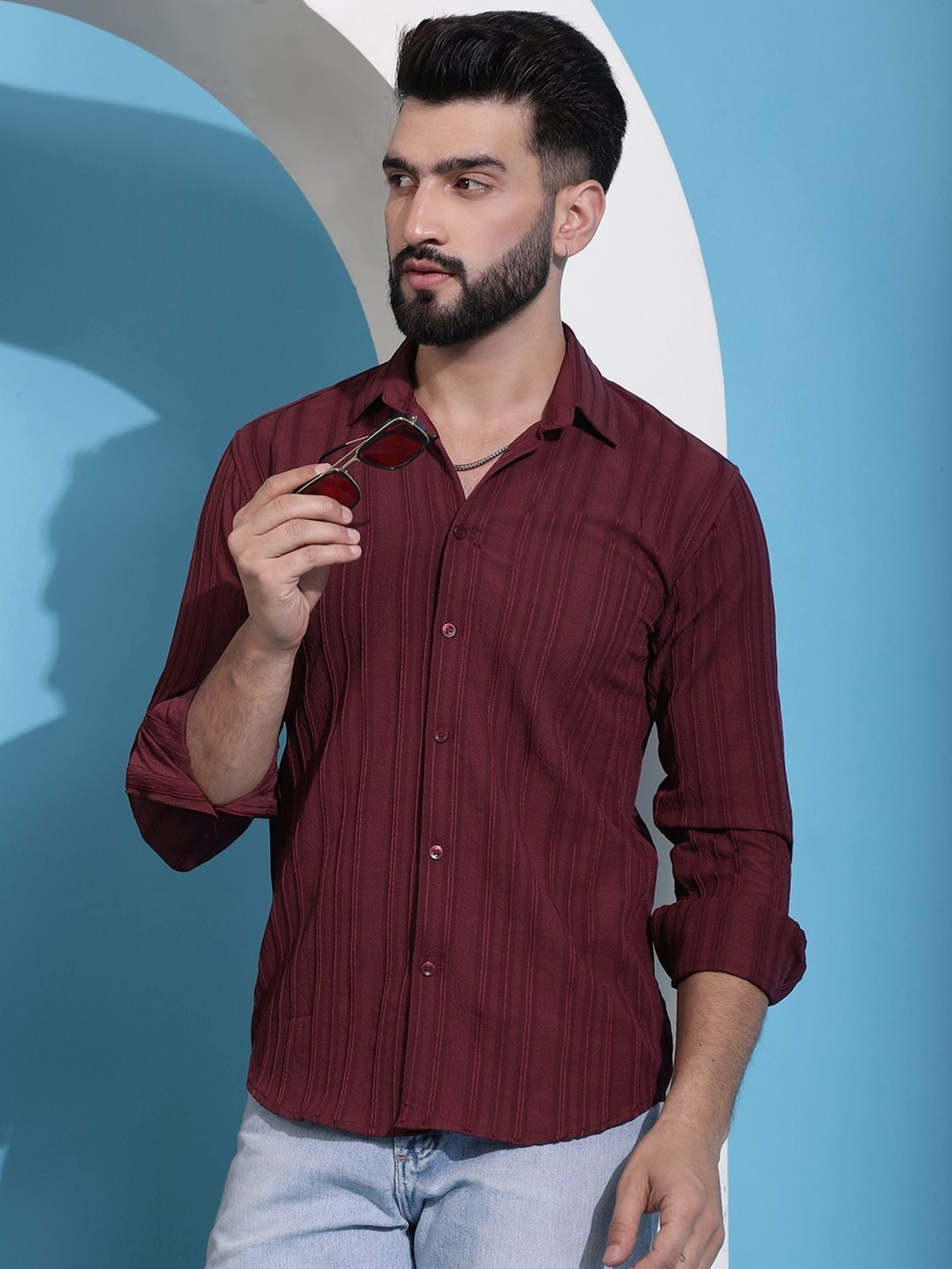 Indian Needle Maroon Regular Fit Striped Shirt