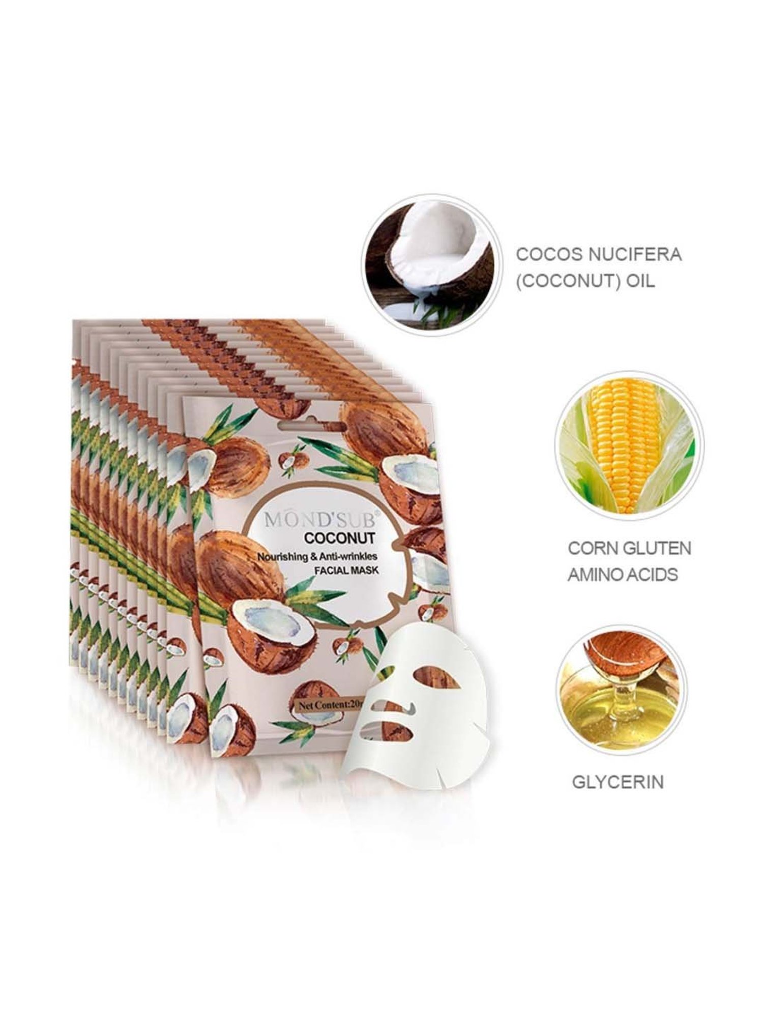 MONDSUB Coconut Anti Wrinkles Sheet Masks (Pack of 6) - 20 ml Each