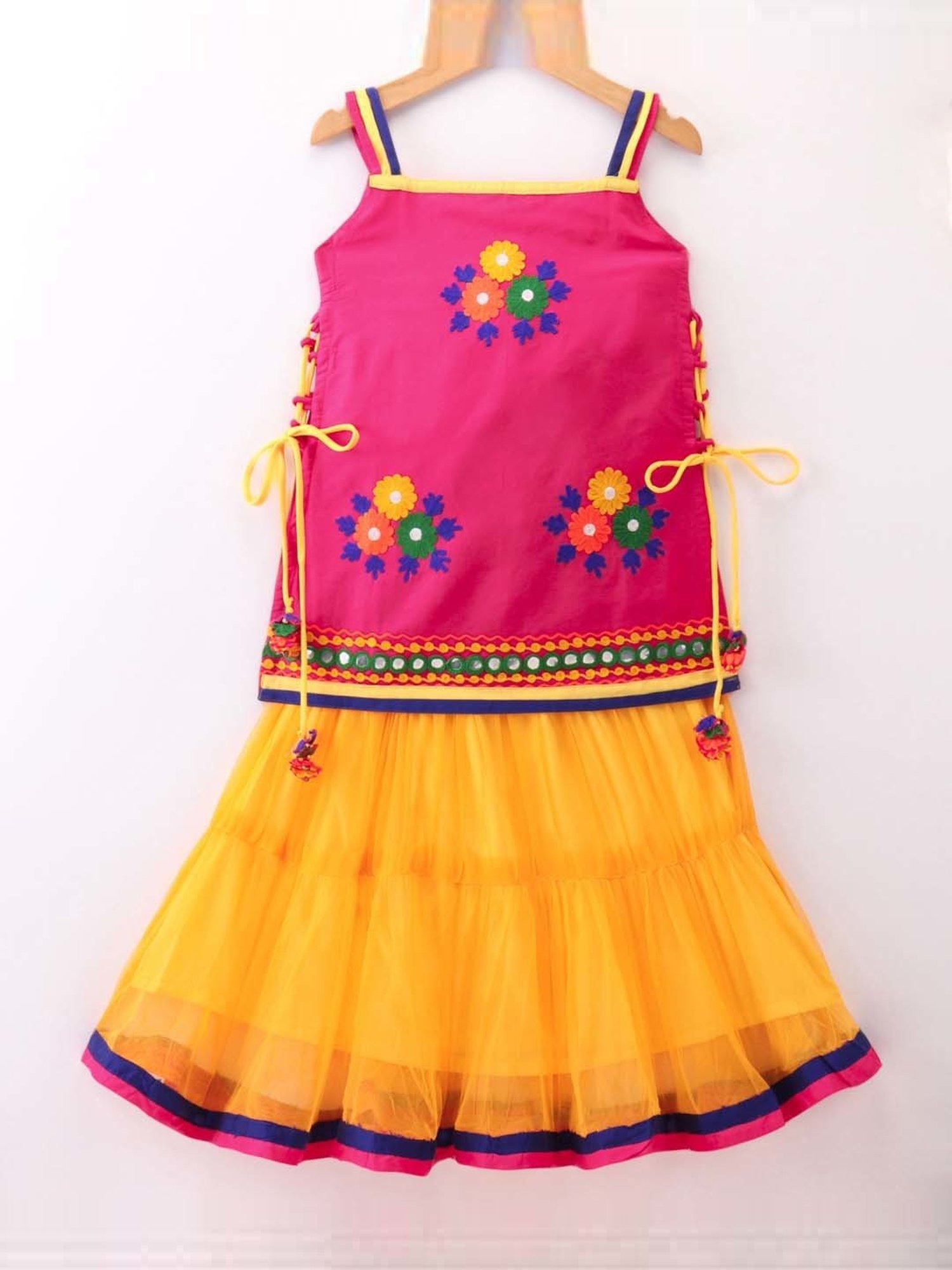 TWISHA Kids Pink & Yellow Embroidered Top Set