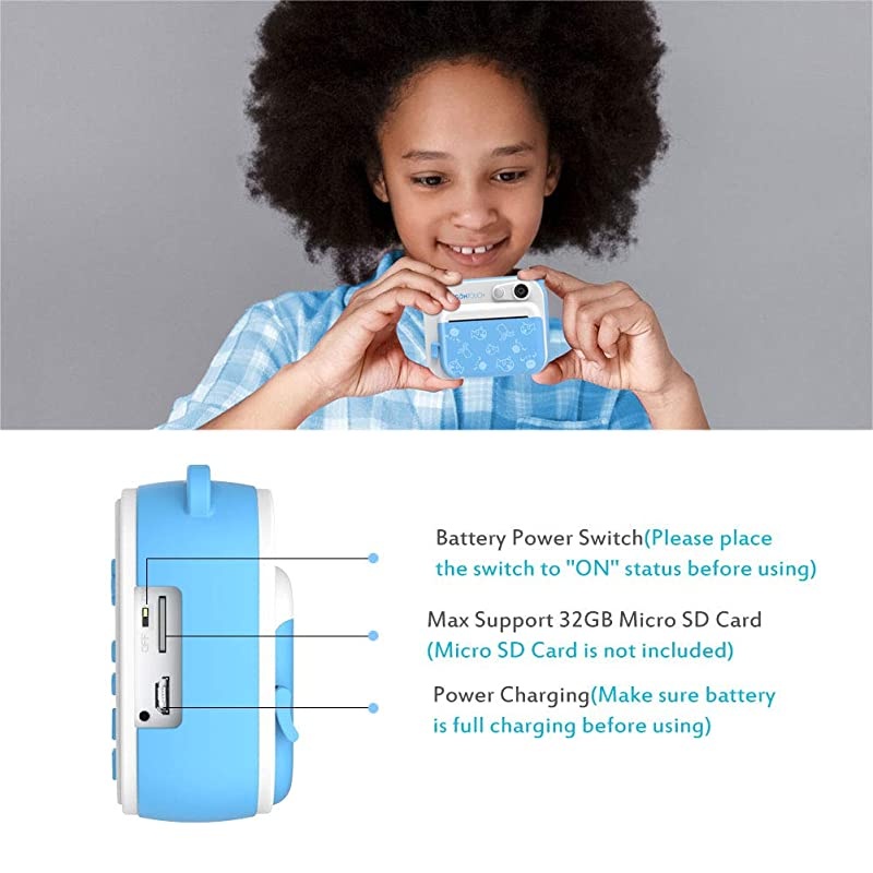 InstantFun Instant Print Camera for Kids Zero Ink Toy Camera with Print Paper Cartoon Sticker Color Pencils Portable Digital Creative Print Camera for Boys and Girls Blue