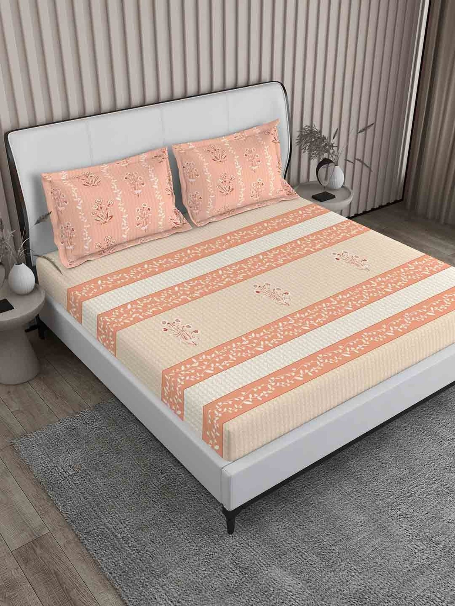 Boutique Living Magnifique  Floral Orange 200 TC Cotton King Bed Sheet with 2 Pillow Covers