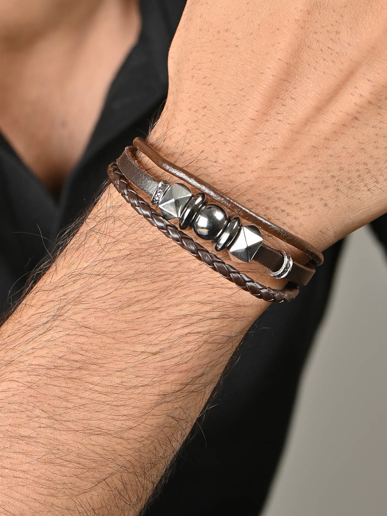 The Bro Code Brown Geometric Single Layered Faux Leather Bracelet for Men