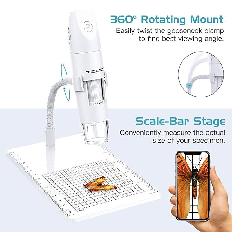 WiFi USB Digital Microscope, 1080P HD 2MP Camera, 50x to 1000x Magnification Mini Pocket Handheld Wireless Endoscope 8 LED, Arm Stand Compatible with iPhone/iPad/Mac/Window/Android/iOS - White