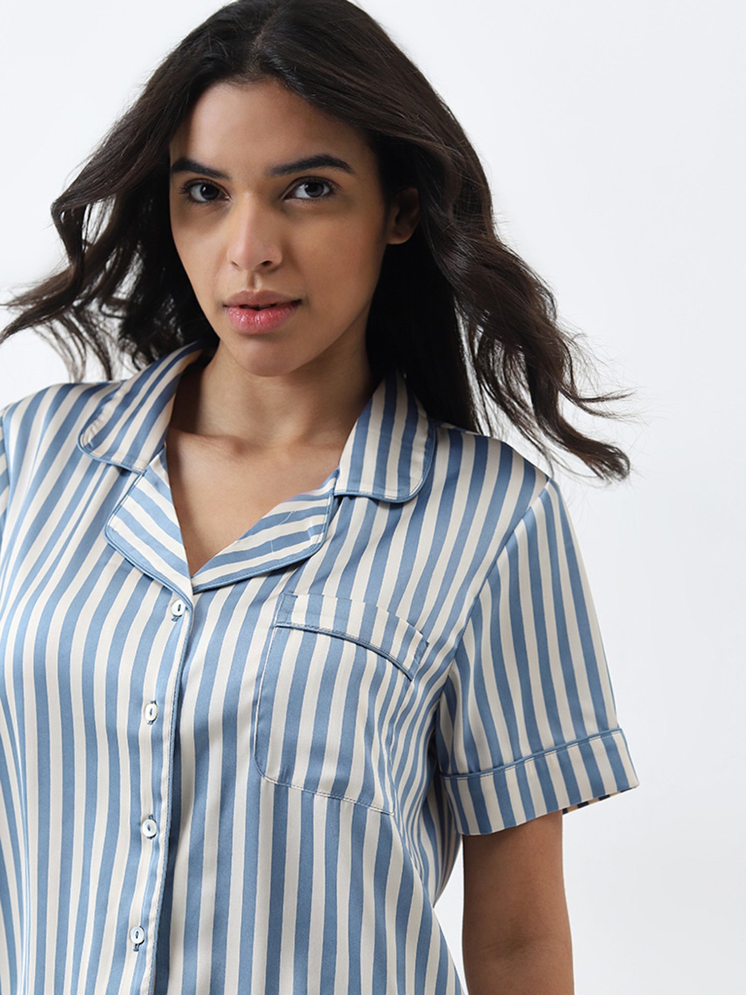 Wunderlove by Westside Blue Striped Shirt with High-Rise Shorts Set