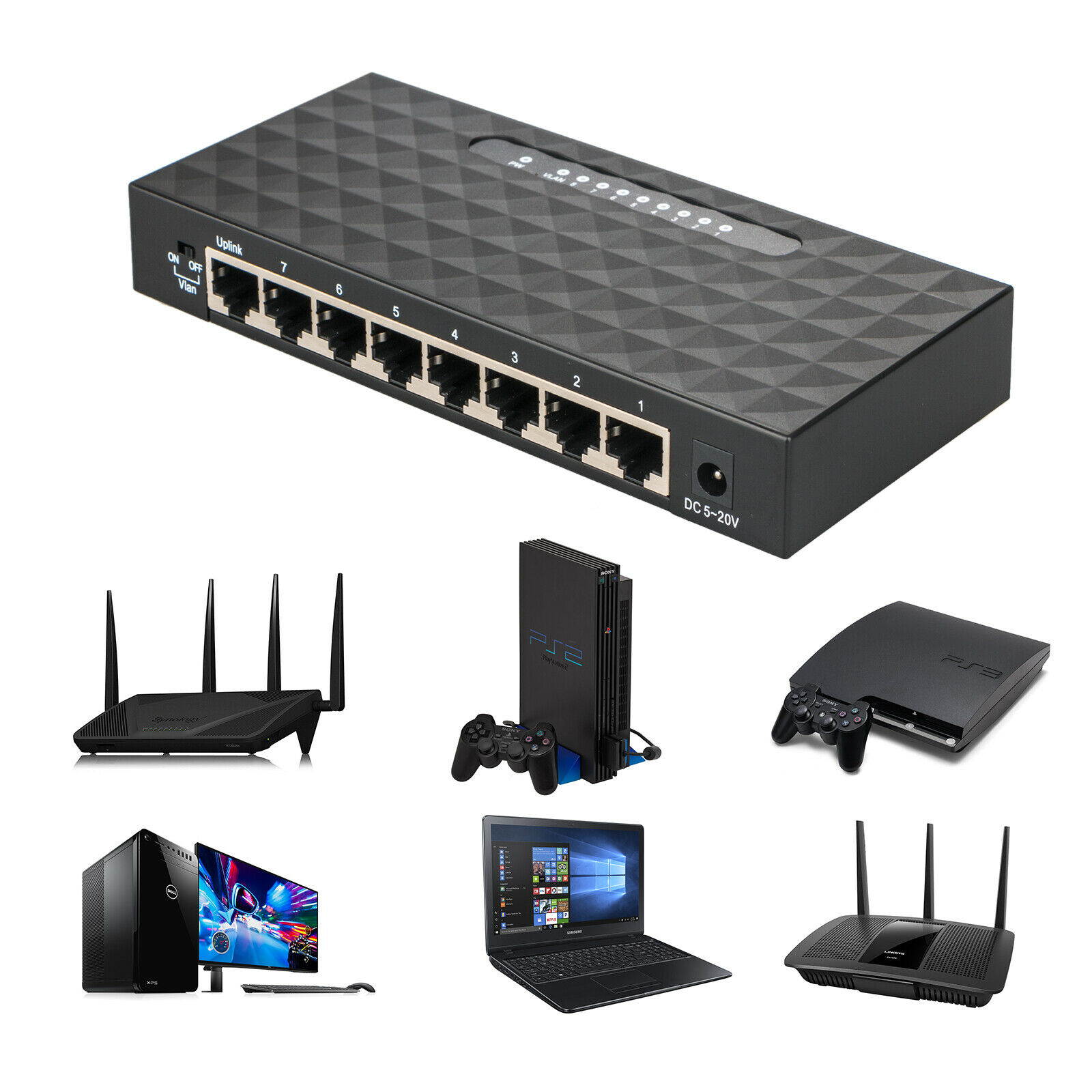 8Port Gigabit Ethernet 10/100/1000Mbps Switch Lan Hub Adapter for Router & Modem