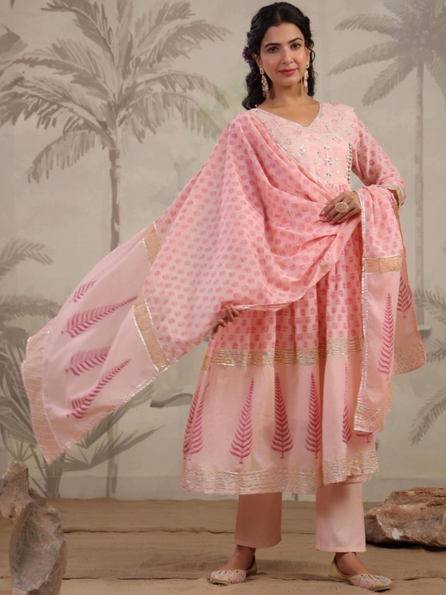 SCAKHI Peach Hand-Block Printed Handworked Anarkali Kurta and Pant With Dupatta
