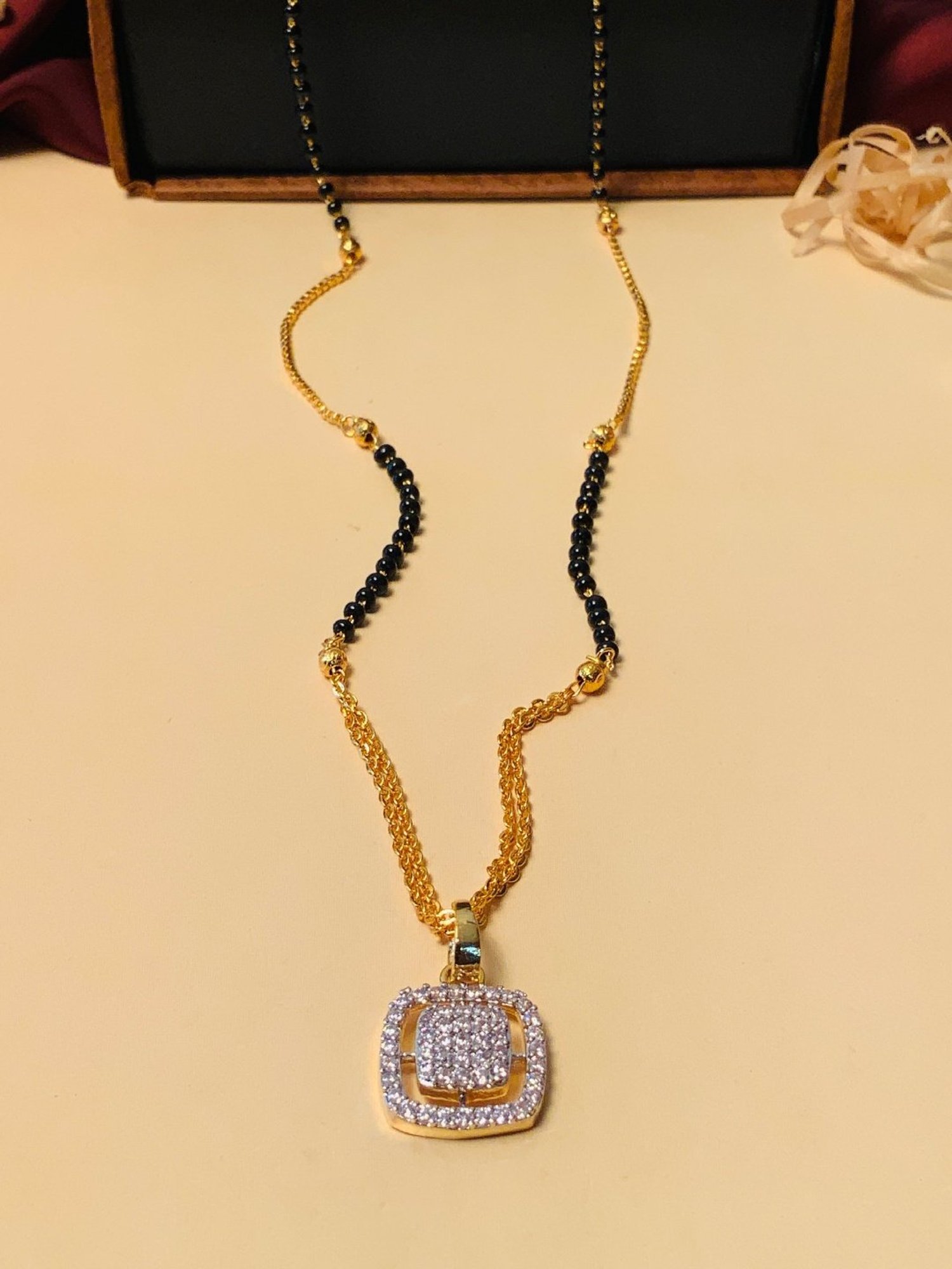 Abdesigns Gold-Plated American Diamond & Black Beaded Mangalsutra