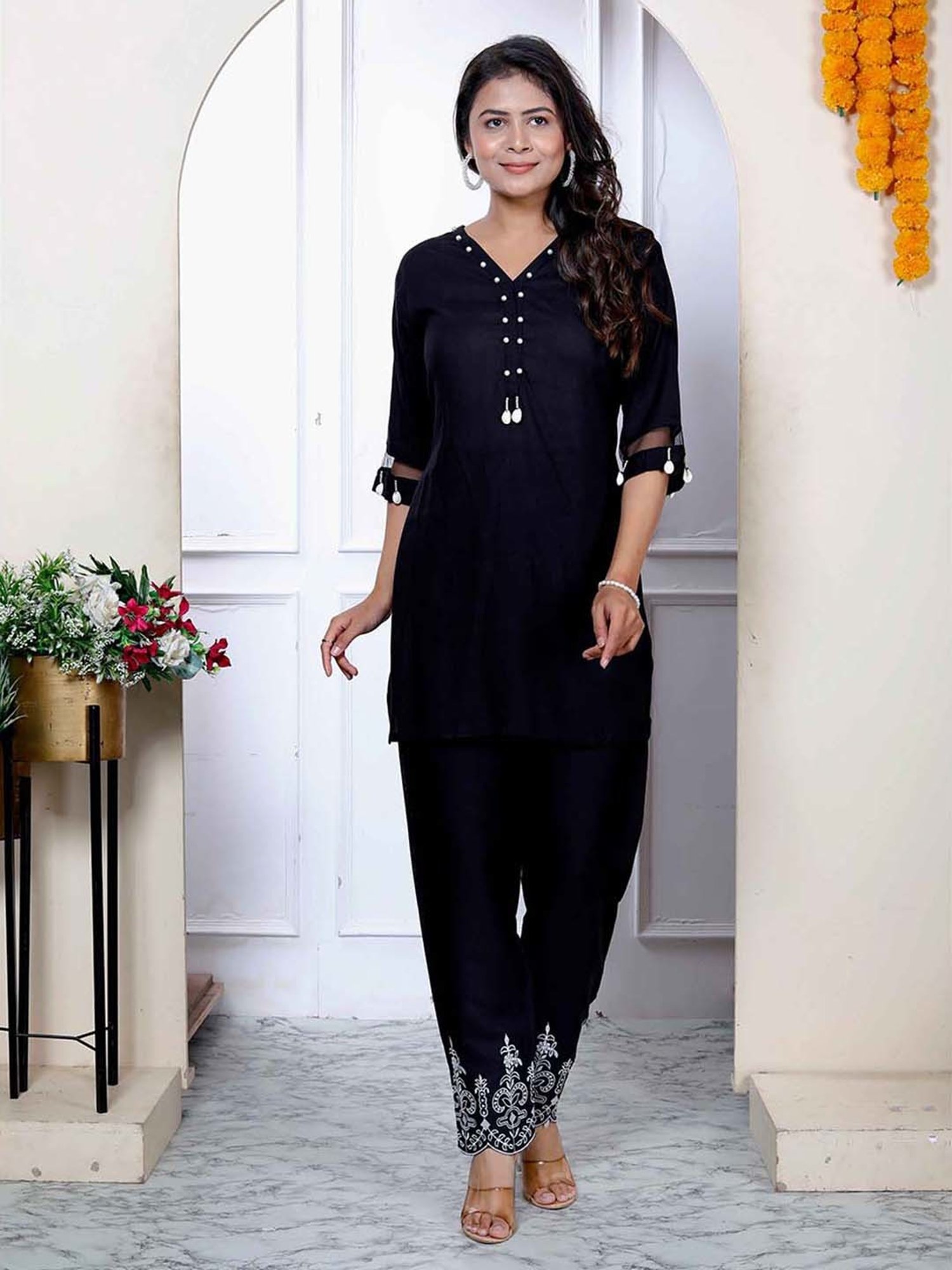 Miravan Black Embellished Kurta & Palazzo Set