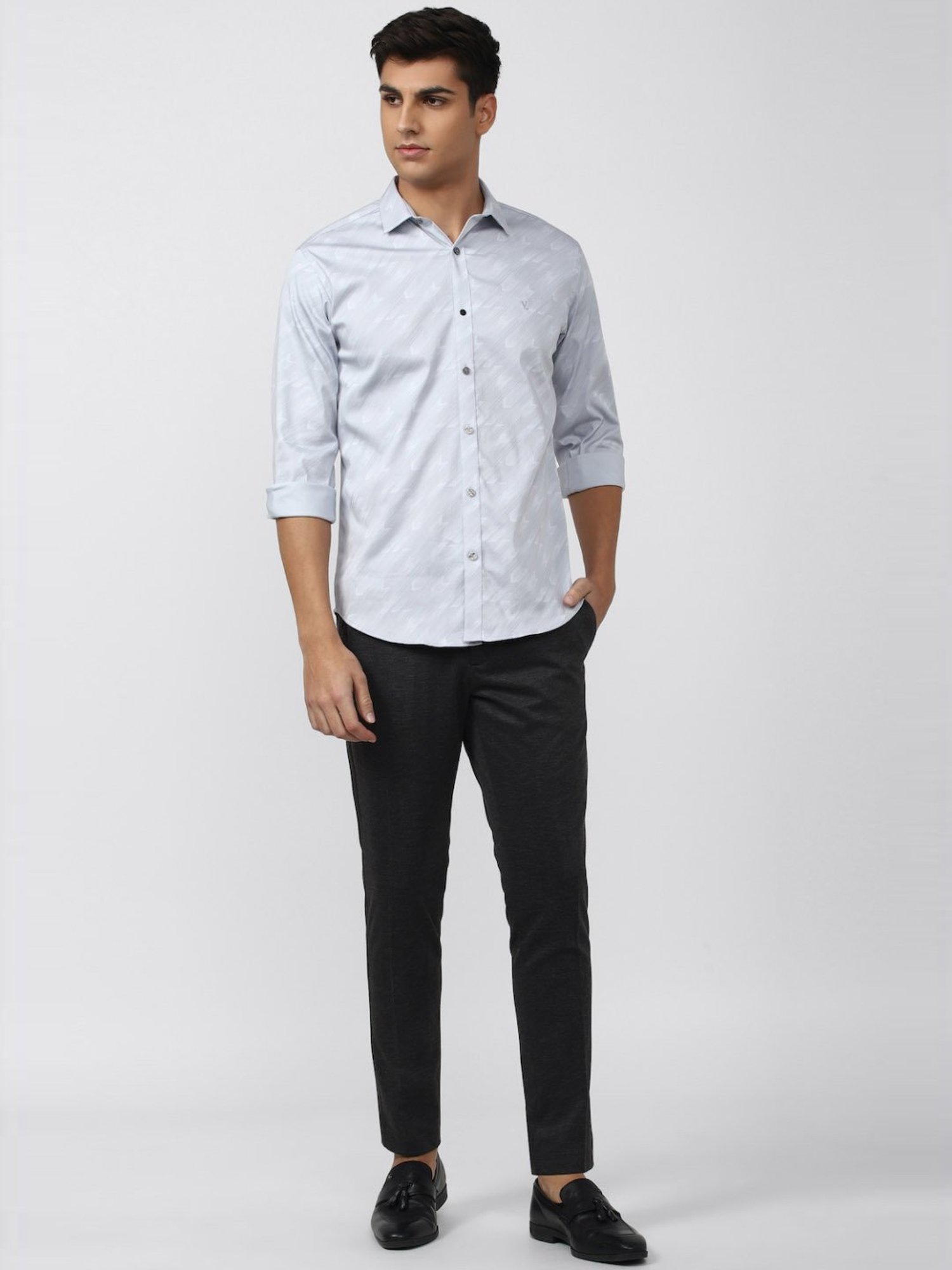 V Dot Grey Slim Fit Printed Shirt