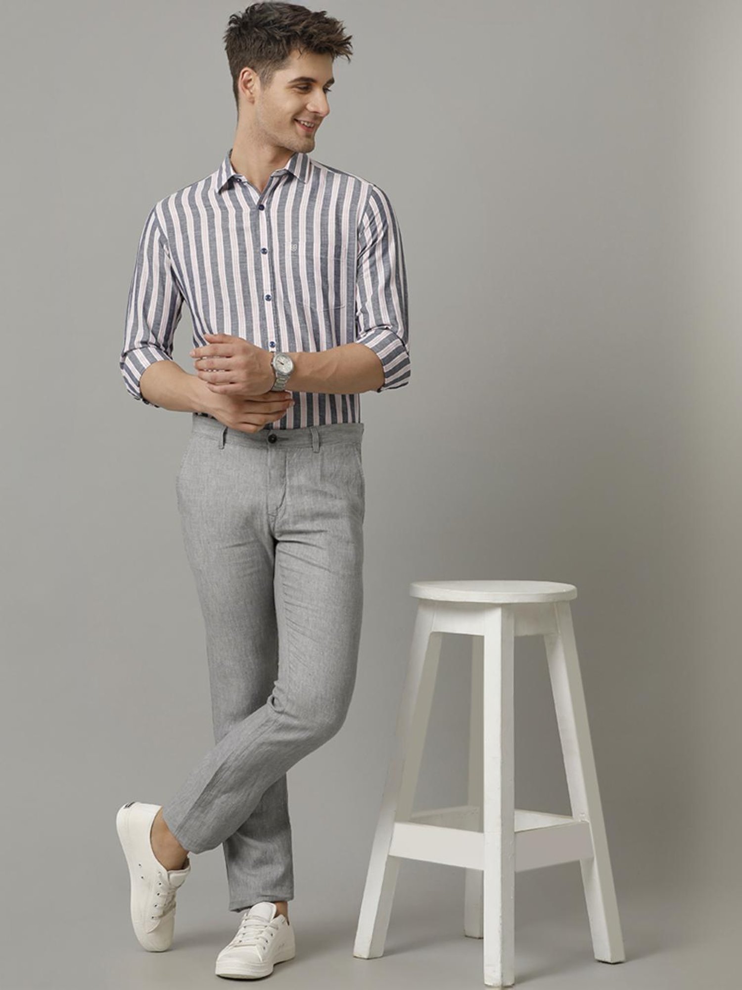 Linen Club Grey Linen Contemporary Fit Striped Shirt