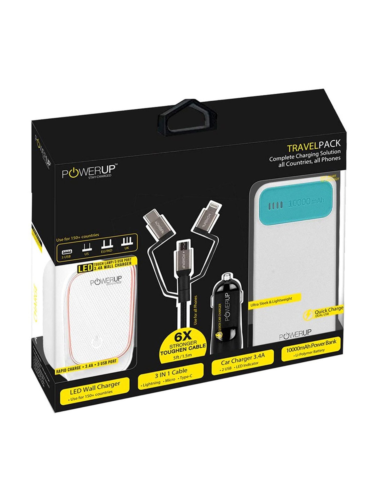 Powerup Travel Pack Mobile Charging Kit Combo Car Charger Adapter (Black/White)