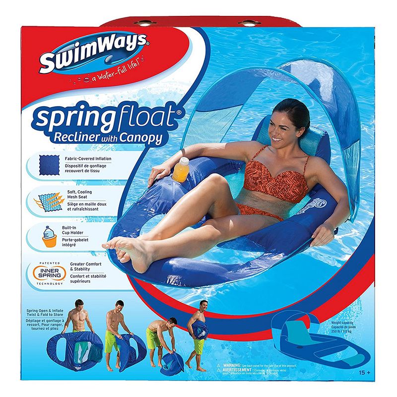 SwimWays 6060073 Spring Float Recliner with Canopy Comfortable Fabric Summertime Pool Lounge Seat with Cup Holder for Water Fun at the Beach, Blue