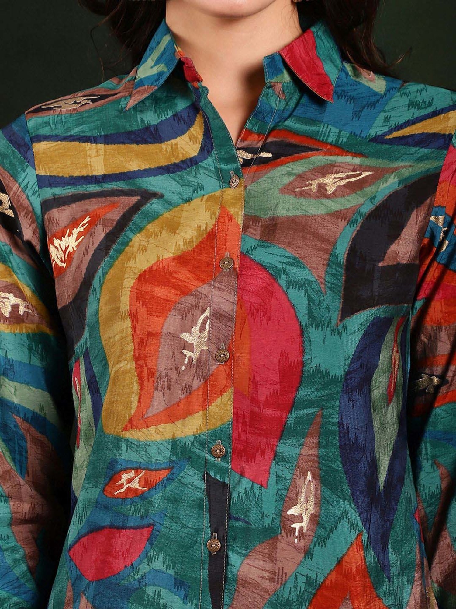 Claura Green Printed Shirt Pant Set