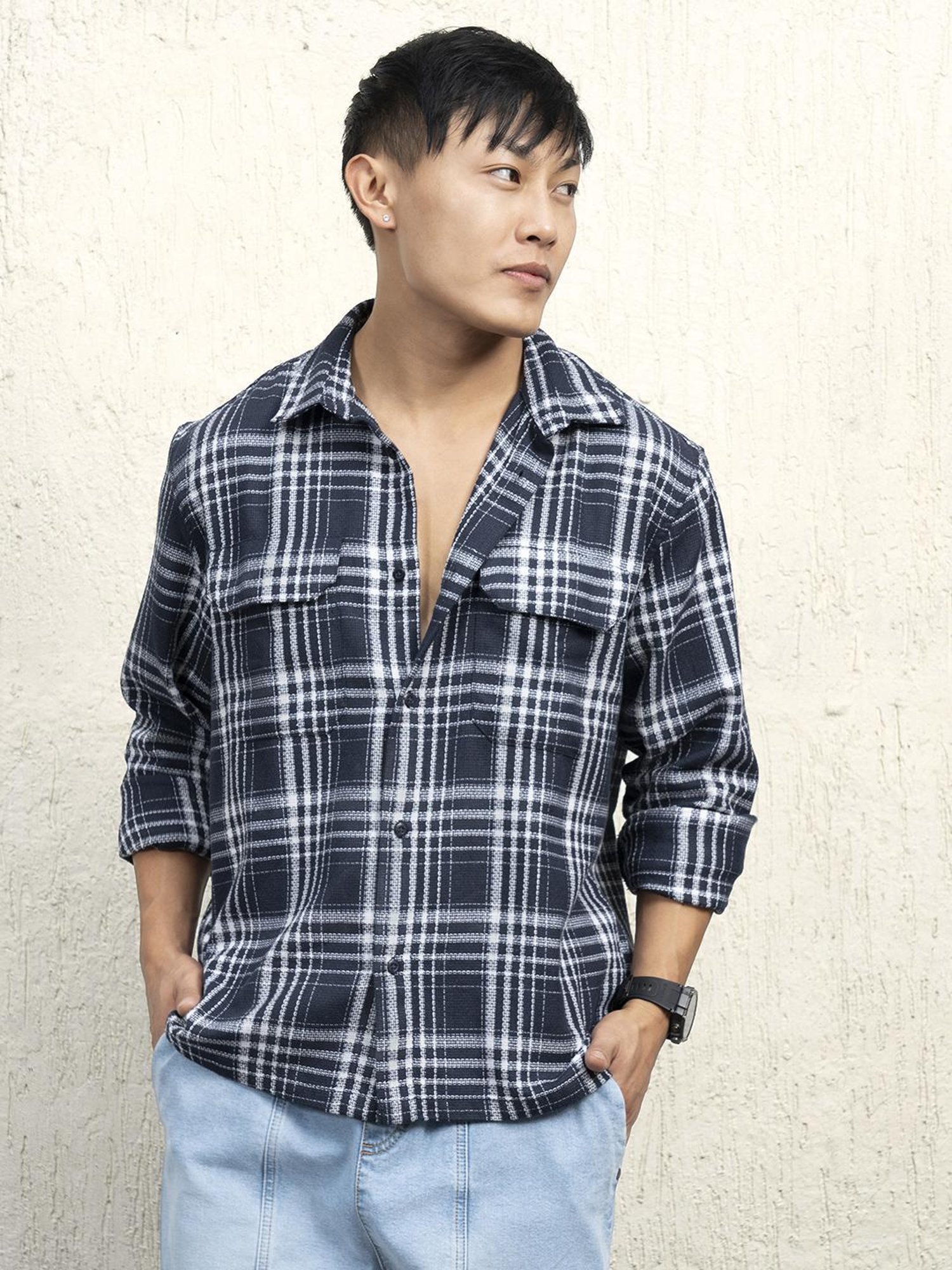 Hubberholme Men Cotton Long Sleeves Oversized Checked Double Pocket Shirt 17