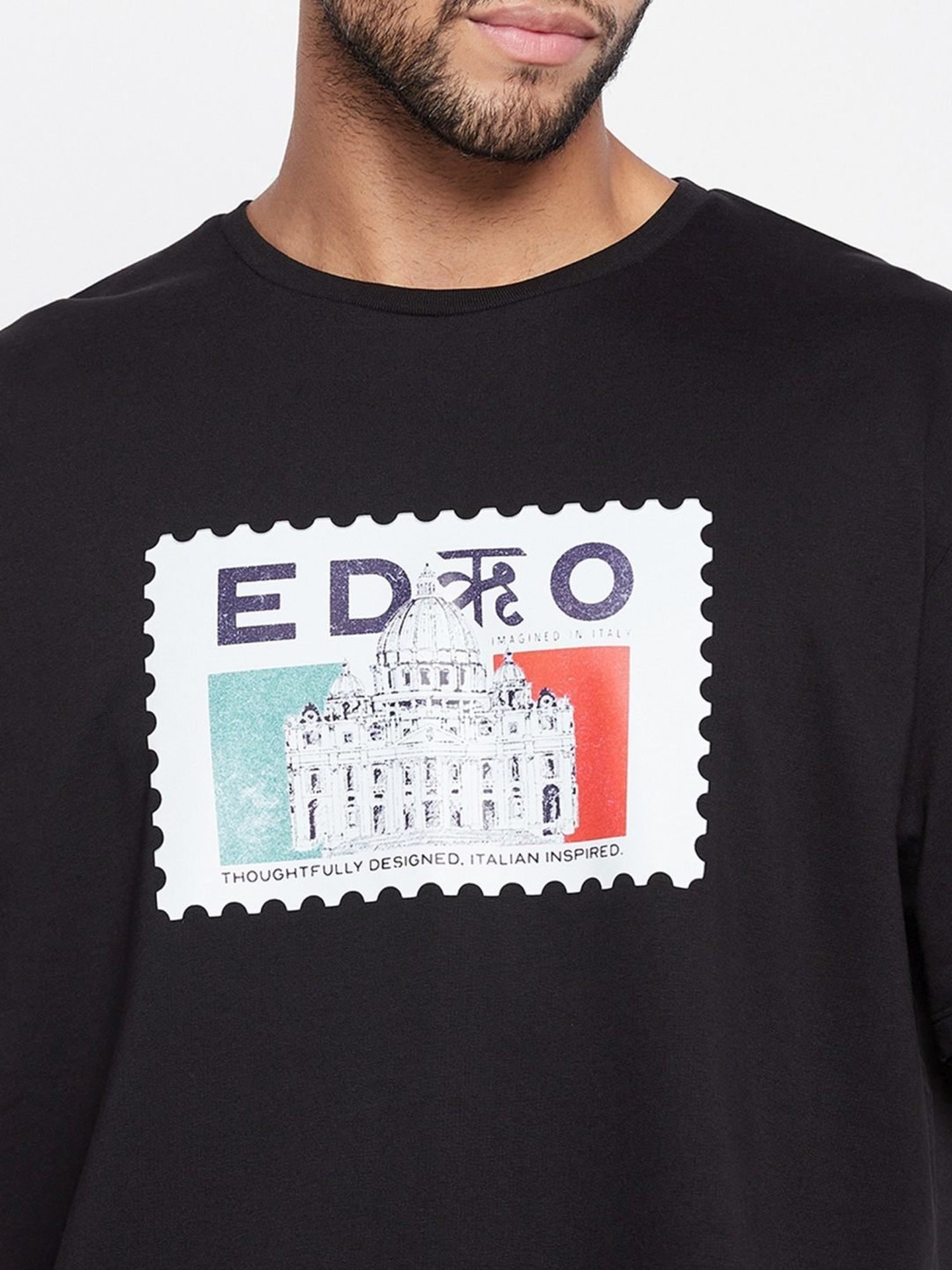 Edrio Black Cotton Relaxed Fit Printed T-Shirt
