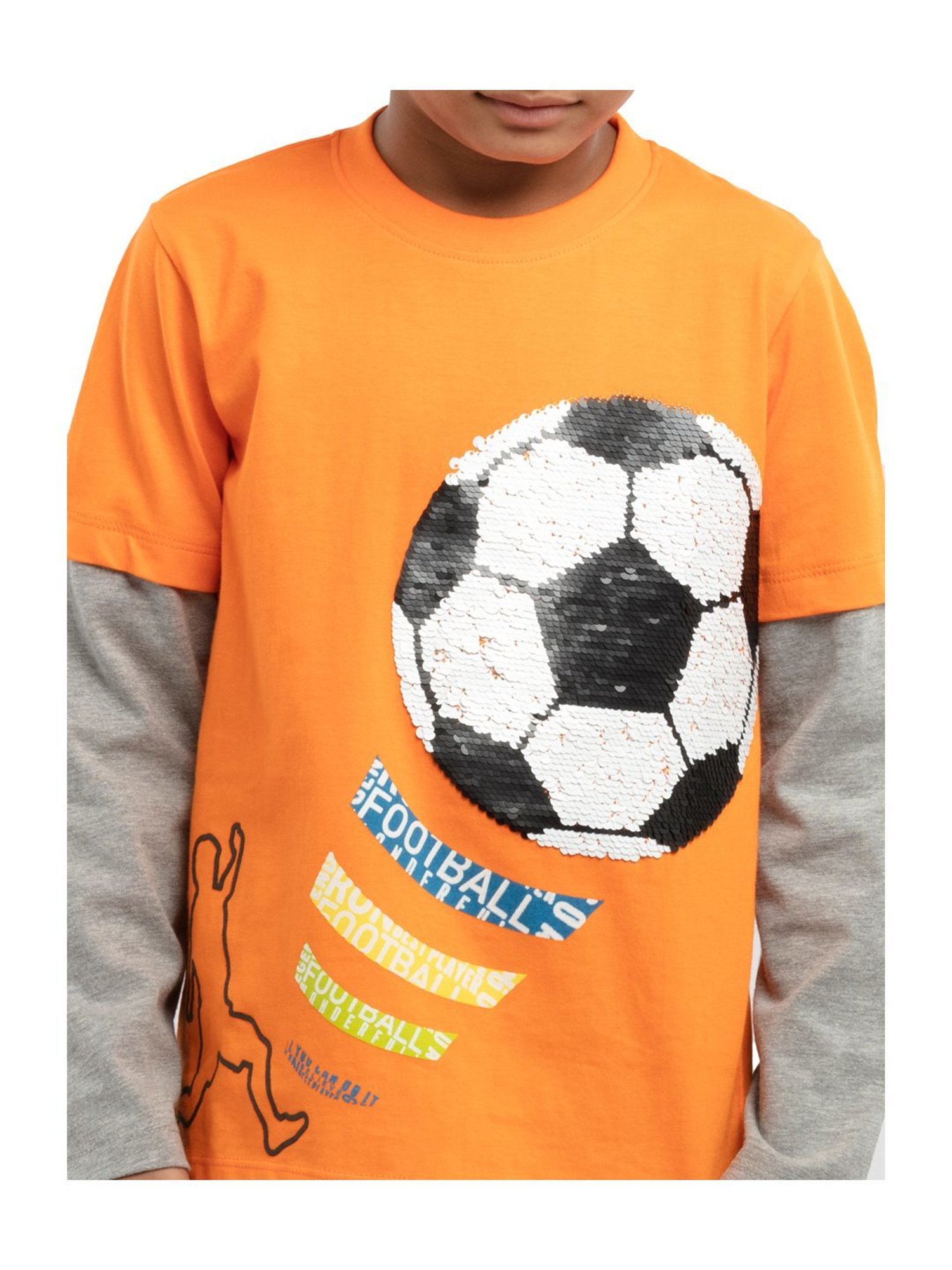 Under Fourteen Only Kids Orange & Grey Cotton Embellished Full Sleeves T-Shirt