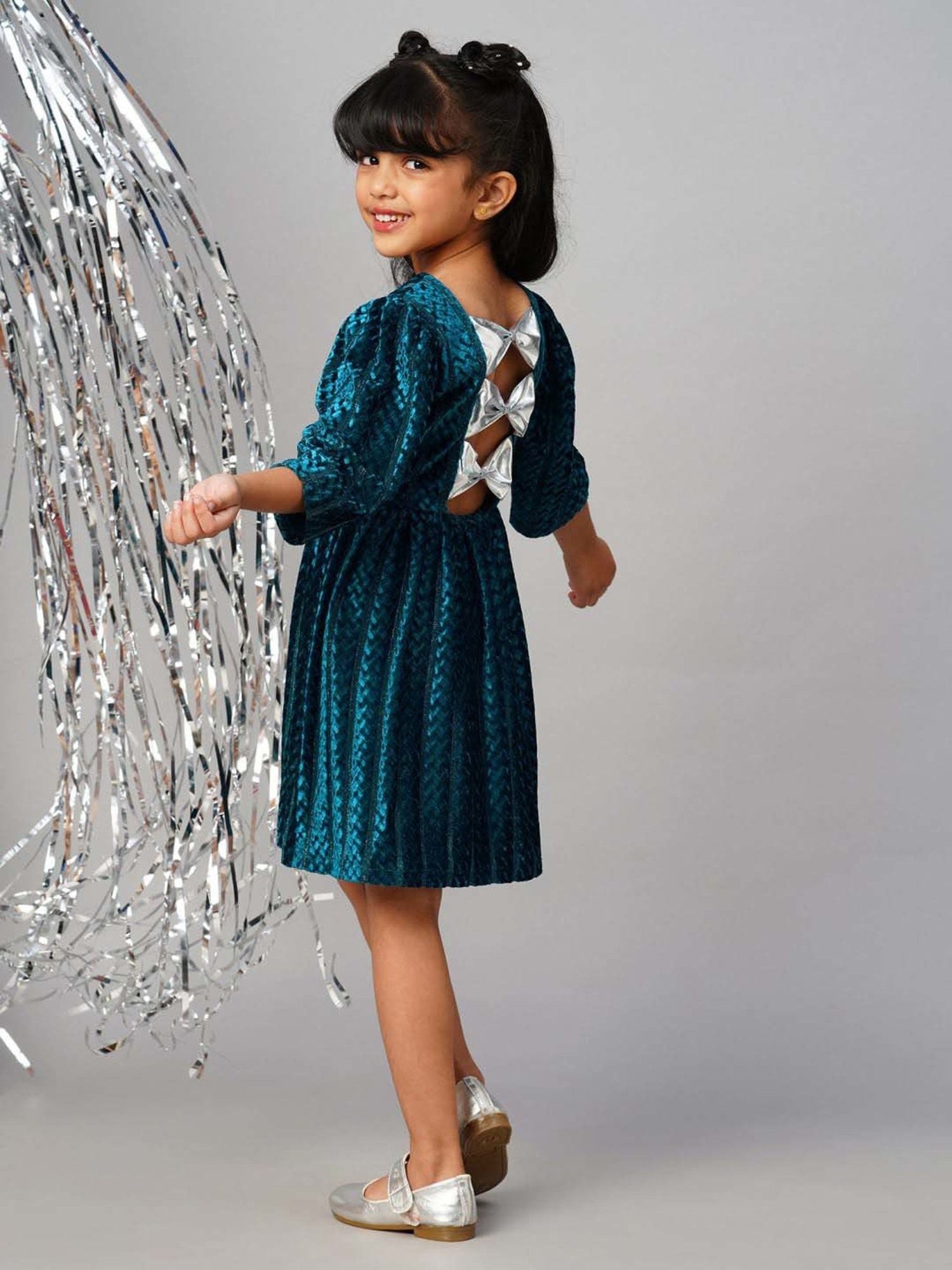 Lil Drama Kids Teal Blue Self Pattern Dress