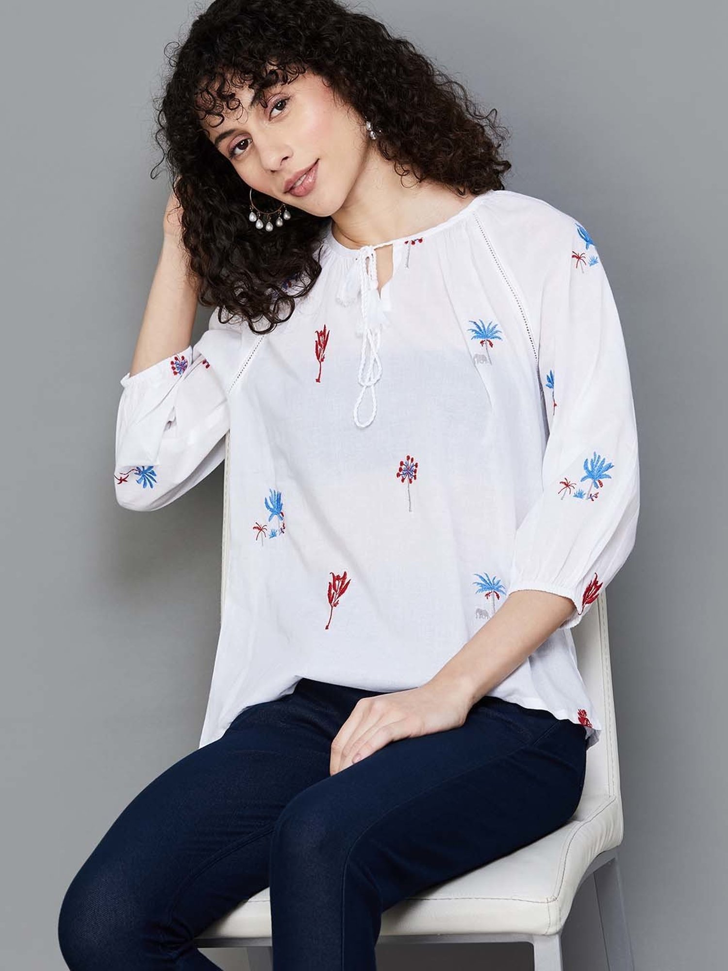 Colour Me by Melange White Cotton Embroidered Top