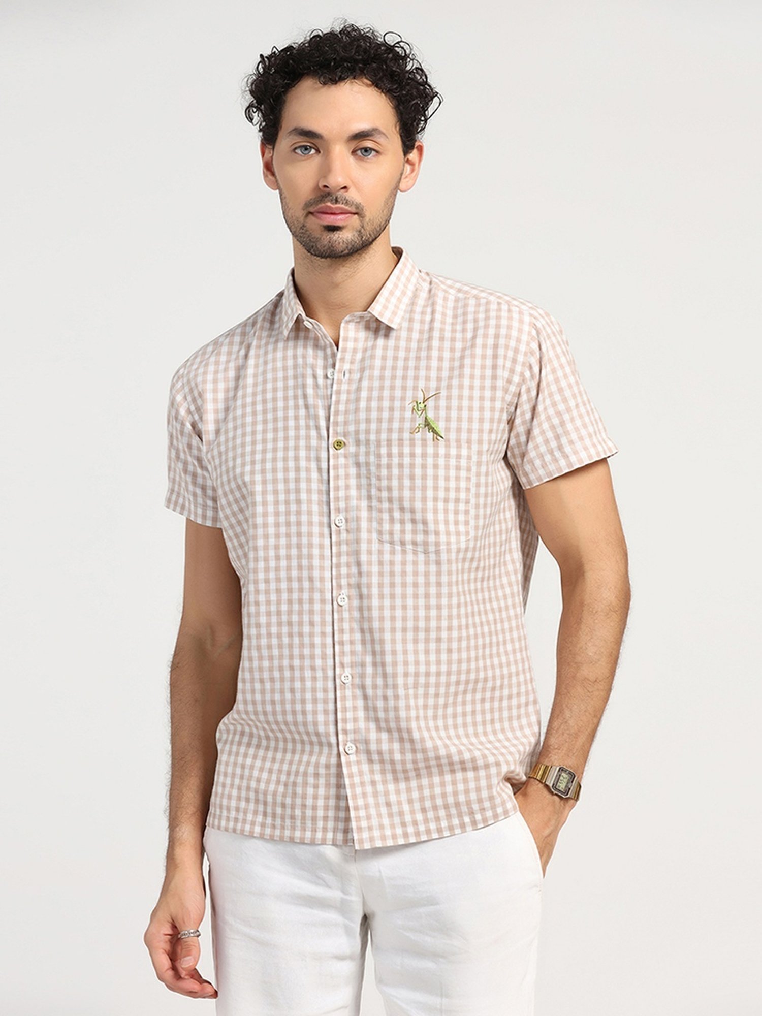 Lela Beige Regular Fit Embroidered Shirt