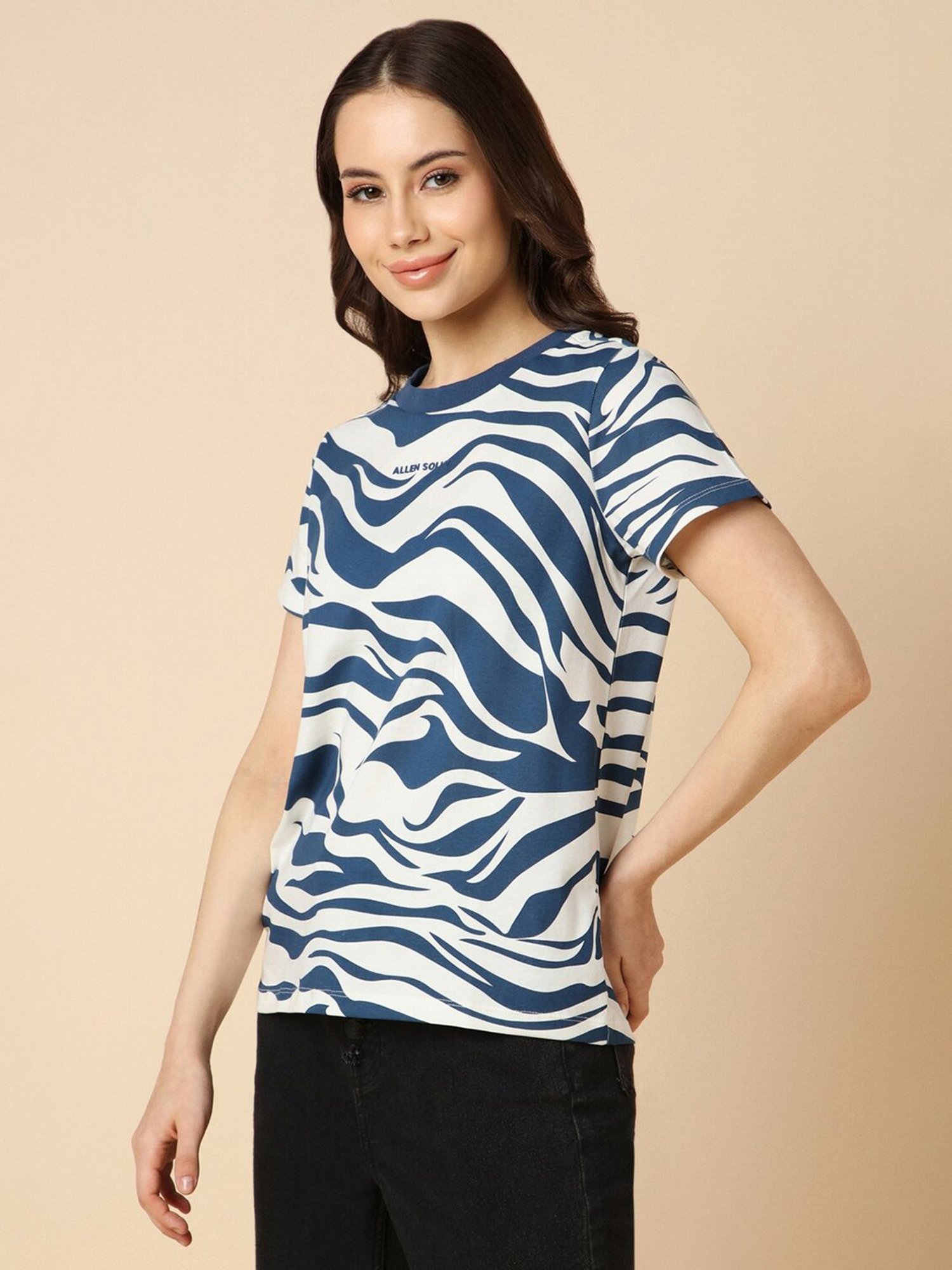 Allen Solly Navy & Off White Cotton Printed T-Shirt