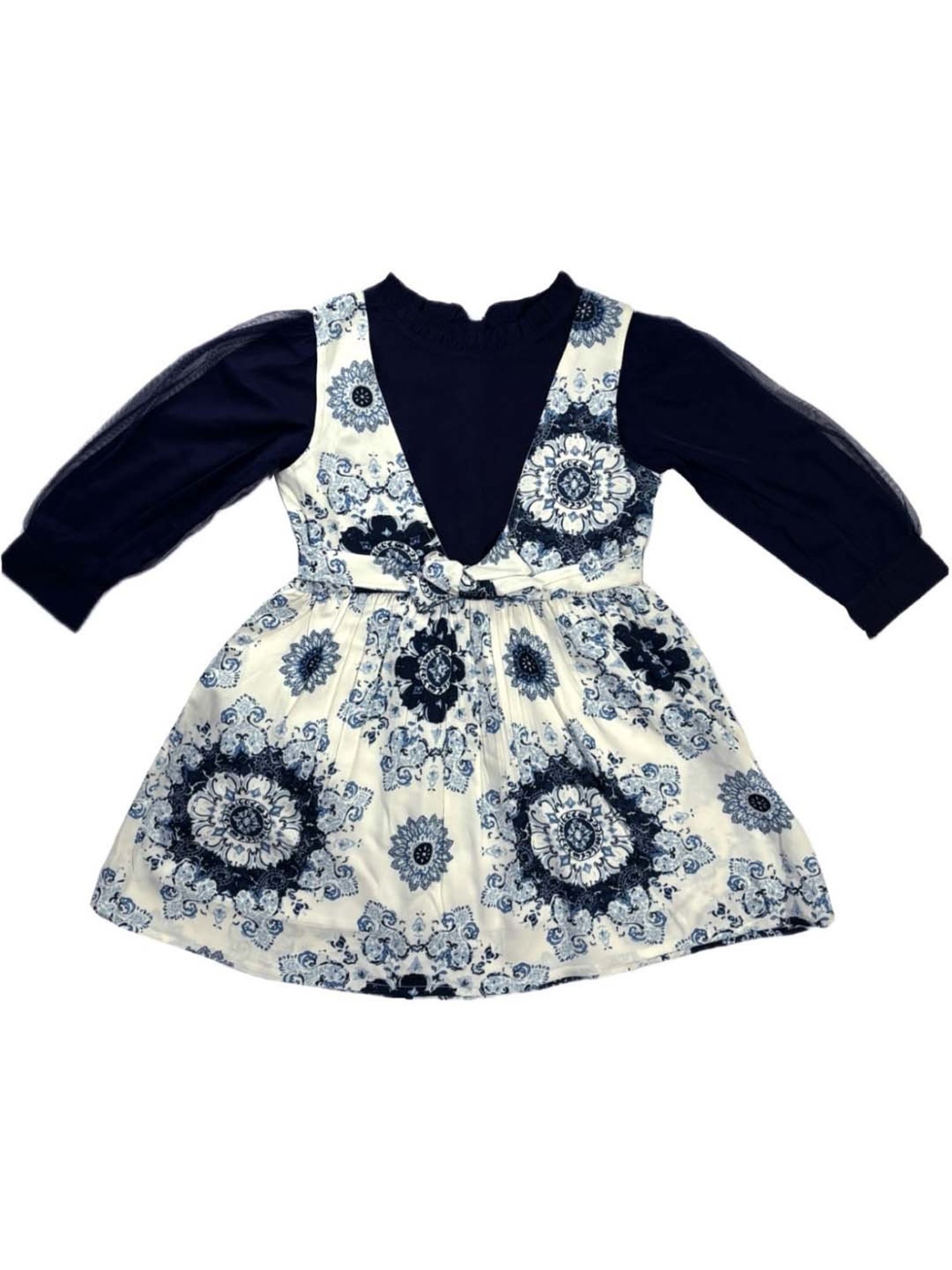 Bella Moda Kids Navy & White Cotton Printed Full Sleeves Dress