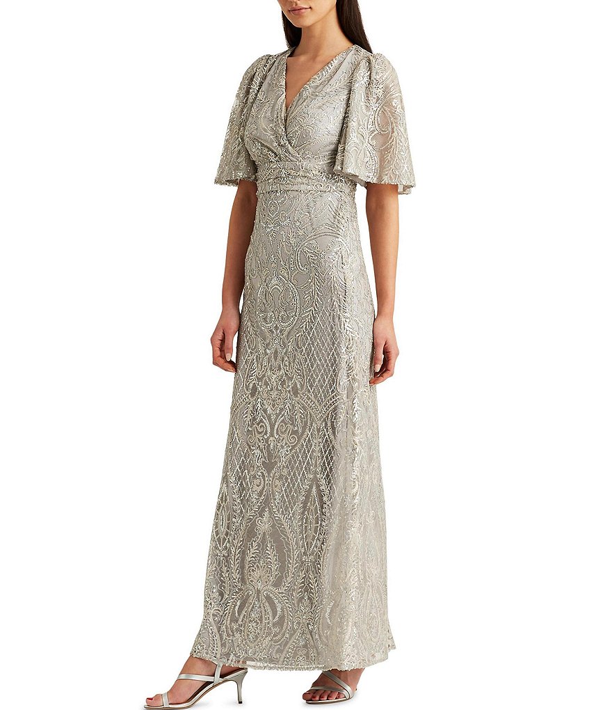 Jkara Chiffon Popover Beaded V-Neck 3/4 Capelet Sleeve Gown