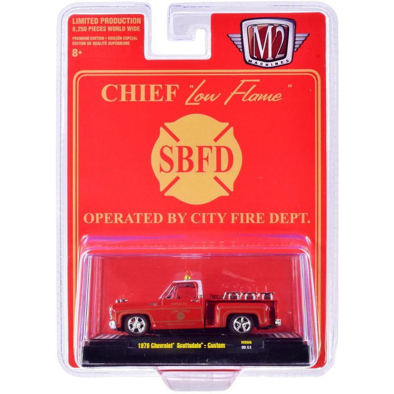 1976 Chevrolet Scottsdale Custom Square Body Fire Truck Red Fire Chief "Low Flame" "SBFD" Ltd Ed 8250 pcs 1/64 Diecast Model Car by M2 Machines