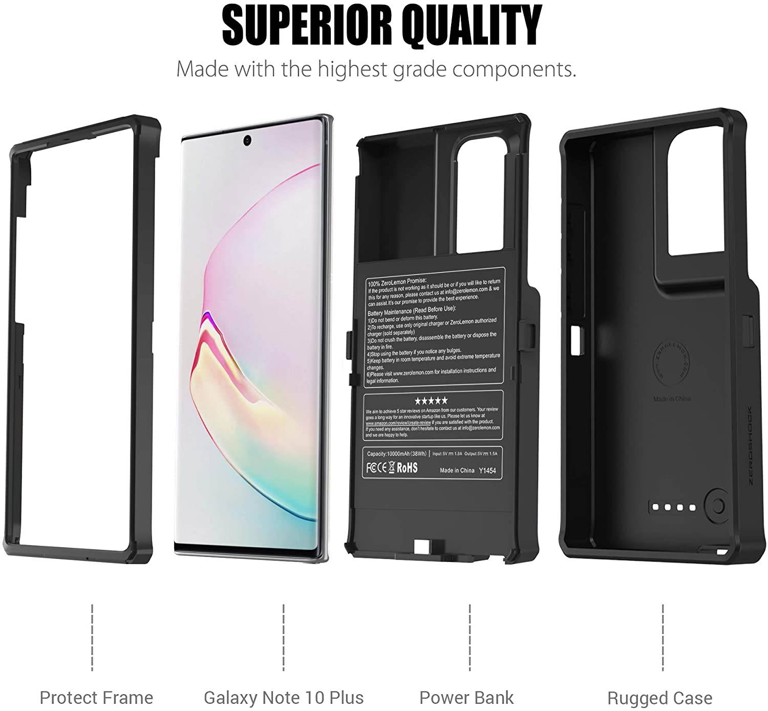 ZEROLEMON Galaxy Note 10 Plus Battery Case 10000mAh, Fast Charging & Qi Wireless & Android Auto & Samsung Dex Supported, ZeroShock Extended Battery Charger Protective Case for Galaxy Note 10+ Black