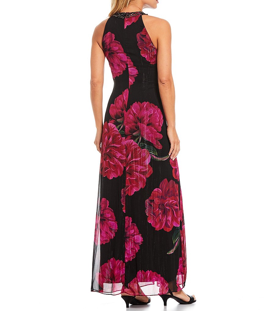 Kay Unger Long Bishop Sleeve V-Neck Crepe A-Line Dress