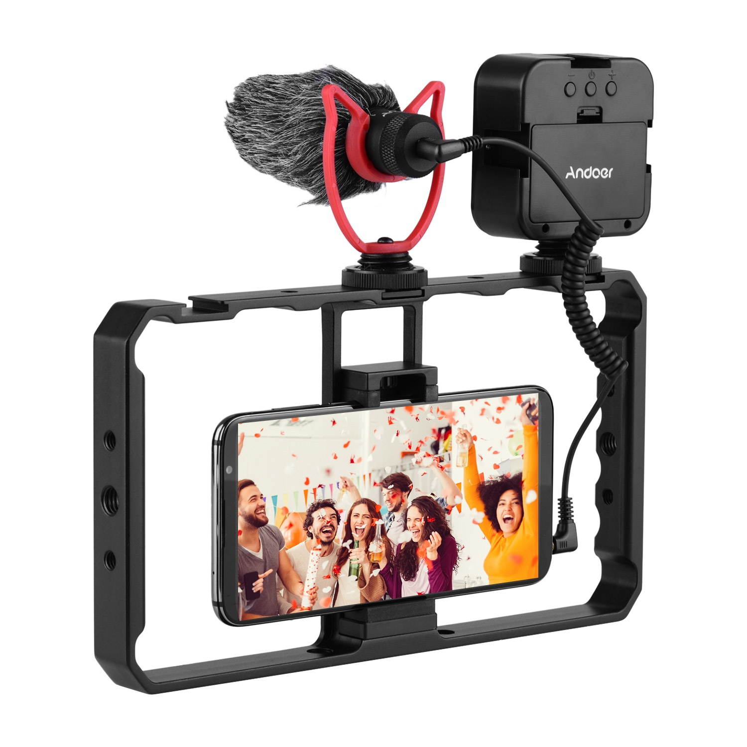 Andoer Smartphone Video Rig Grip with Rig LED Light Microphone with Shock Mount for Vlog Film-making Compatible with iPhone Samsung HUAWEI