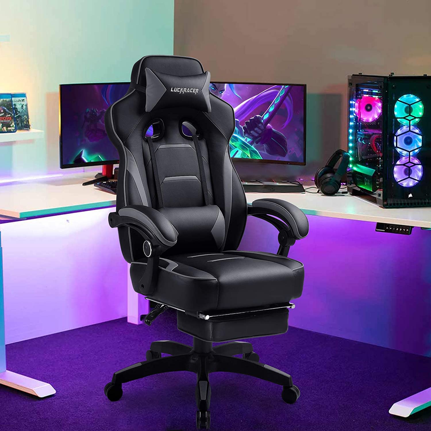 Gaming Chair with Footrest Office Desk Chair Ergonomic Gaming Chair Pu Leather High Back Adjustable Swivel Lumbar Support Racing Style Esports Gamer Chairs Gray