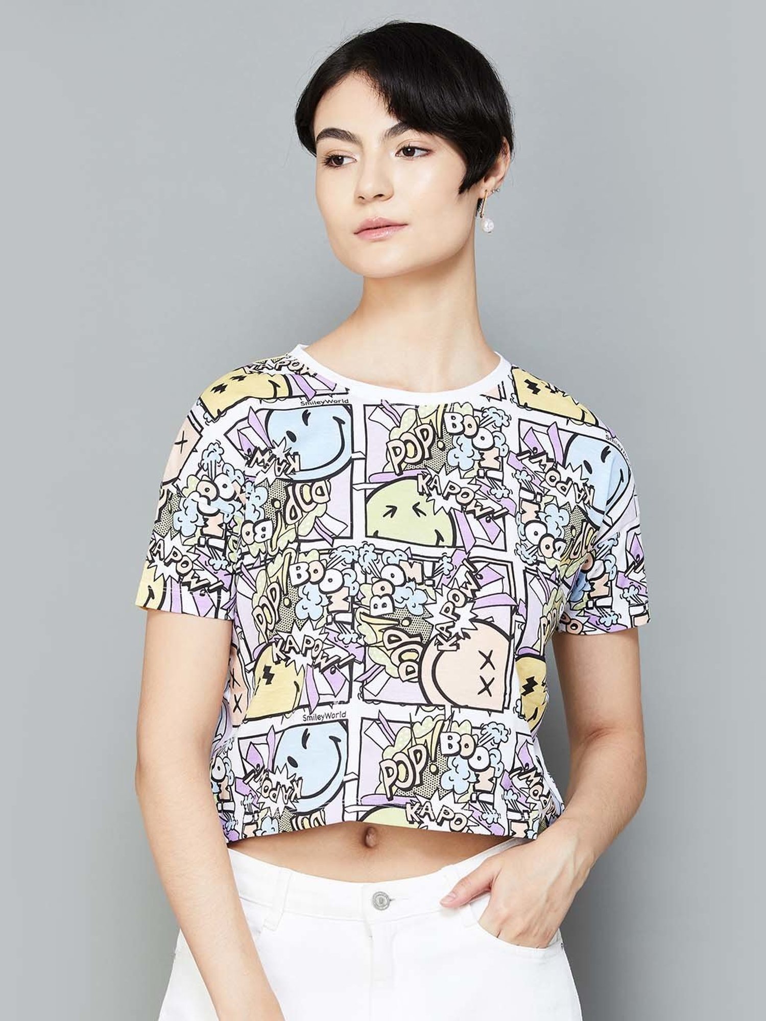 SmileyWorld Multicolored Cotton Printed Crop T-Shirt