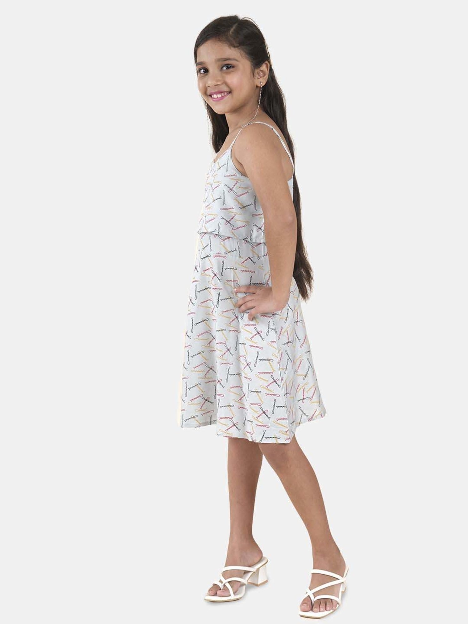 Kiddopanti Girls White Printed Casual Dresses