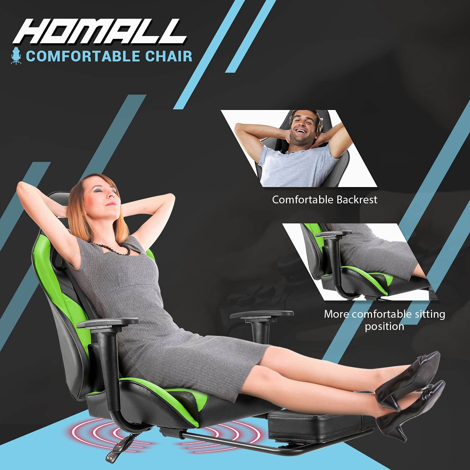 Homall Gaming Chair Computer Office Chair Ergonomic Desk Chair with Footrest Racing Executive Swivel Chair Adjustable Rolling Task Chair (Green)