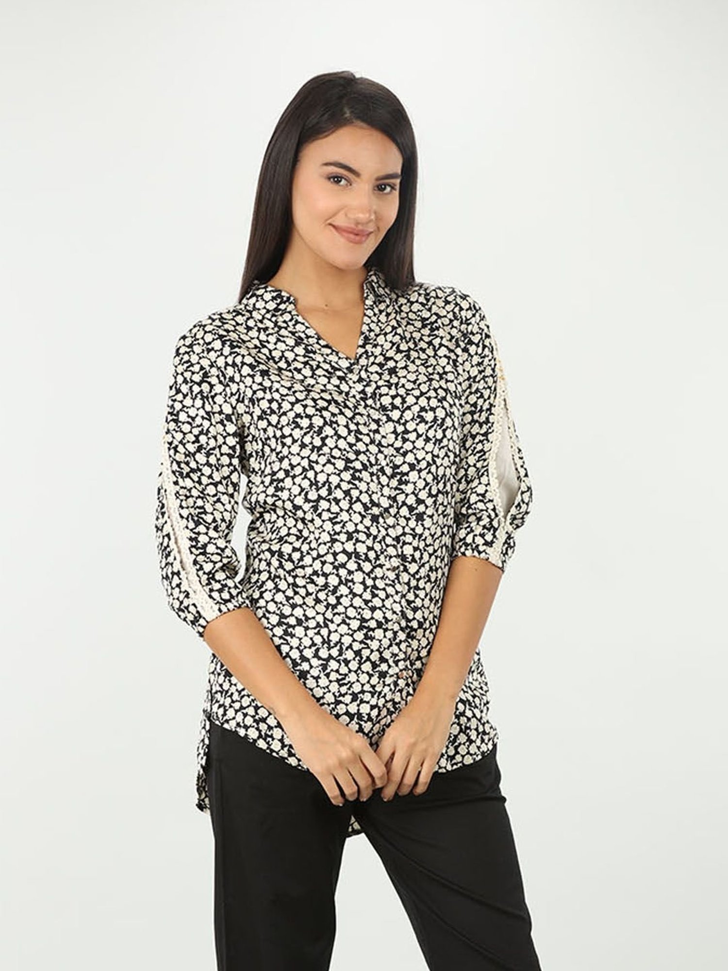 Mustard Black & White Rayon Floral Print Shirt